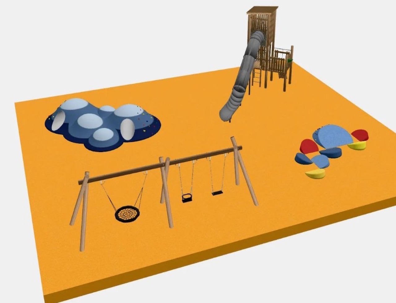 Площадка, собранная в 3D-конструкторе: геопластика, башня с горкой, качели и камни